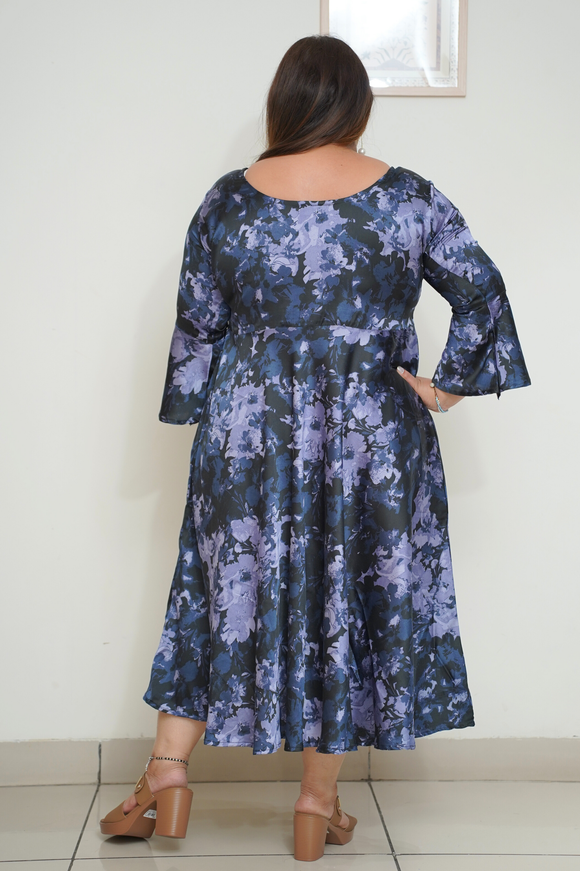 Plus Size Navy Abstract Printed Dress with Pockets