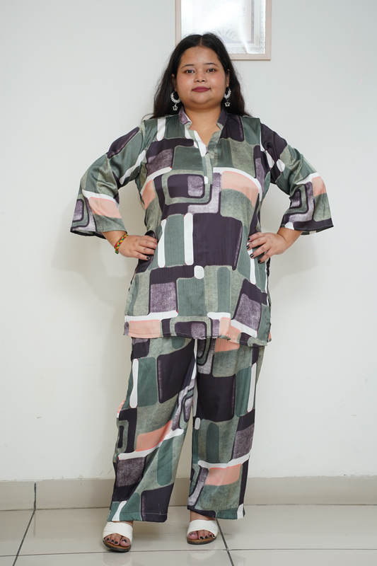 Women  Plus Size Olive Digital Printed Co-ord Set with Pockets