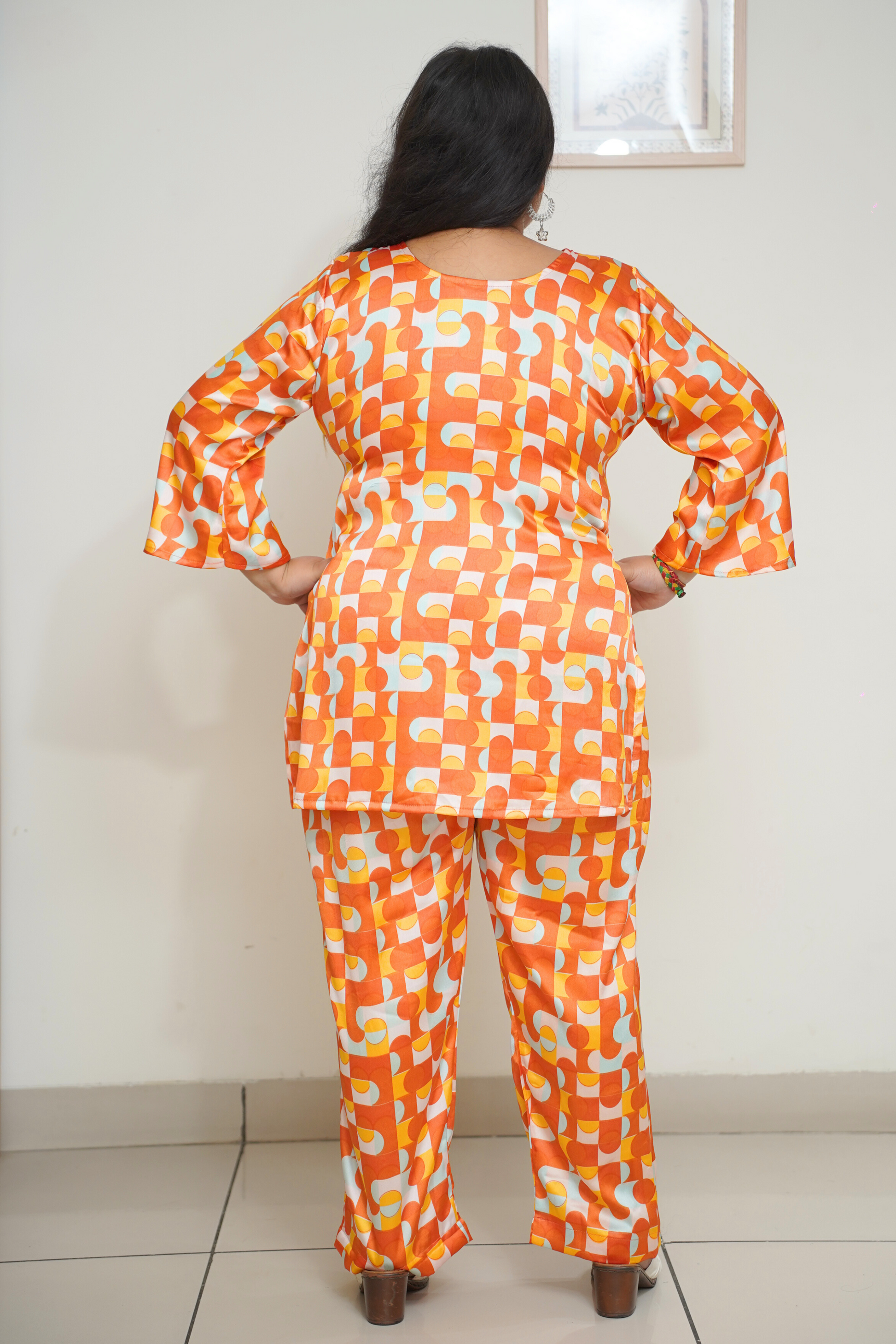 Women Plus Size Orange Digital Printed Co-ord Set