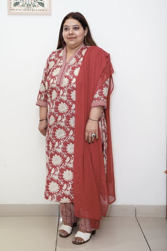 Rust Floral Cotton Suit Set with Mandarin Neck
