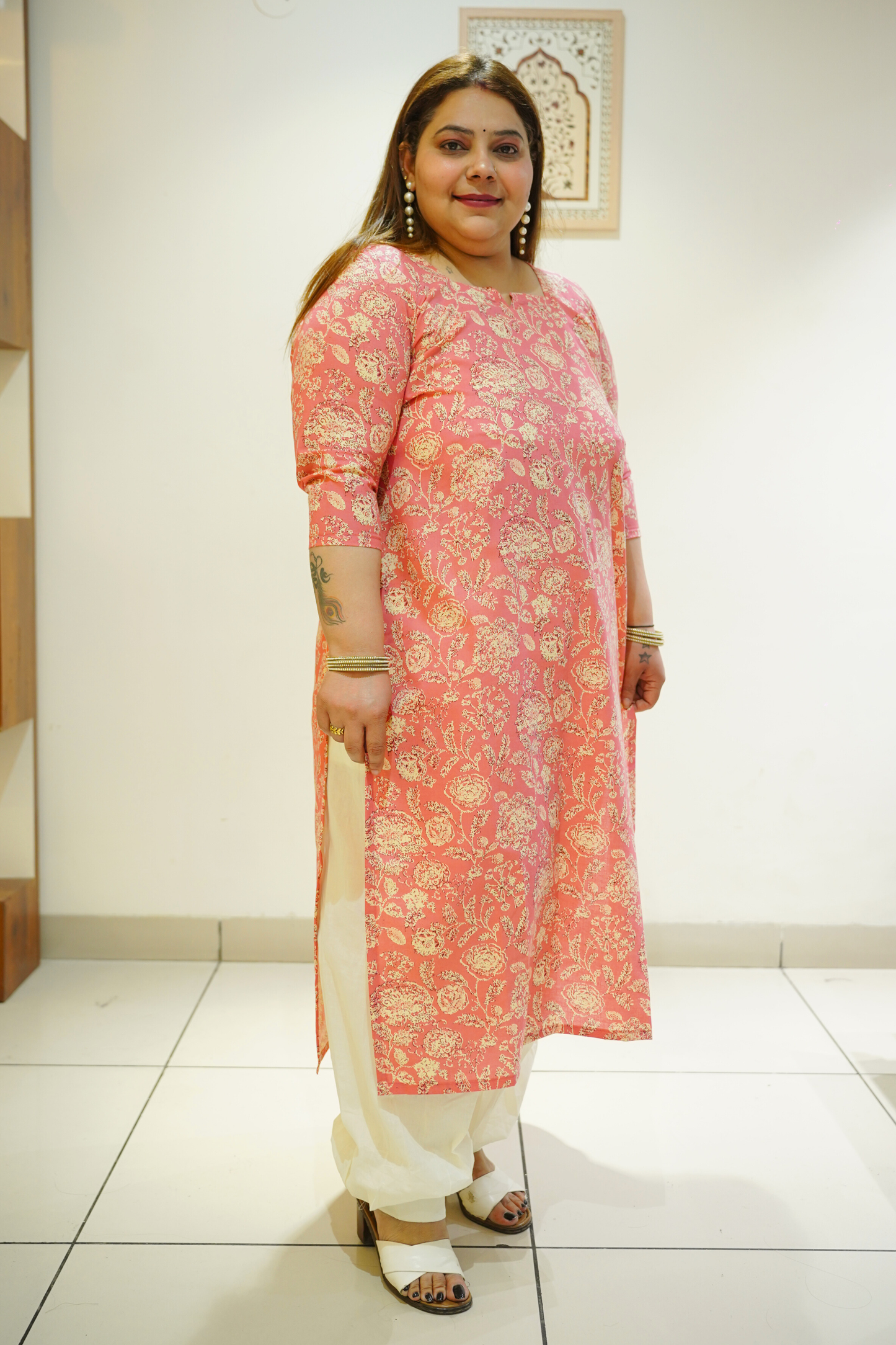 Rose Pink Cotton Floral Print Kurta