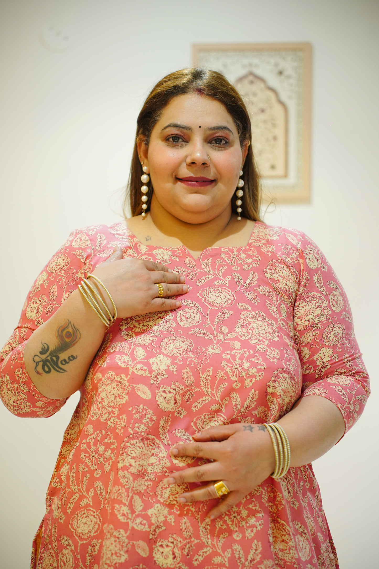 Rose Pink Cotton Floral Print Kurta