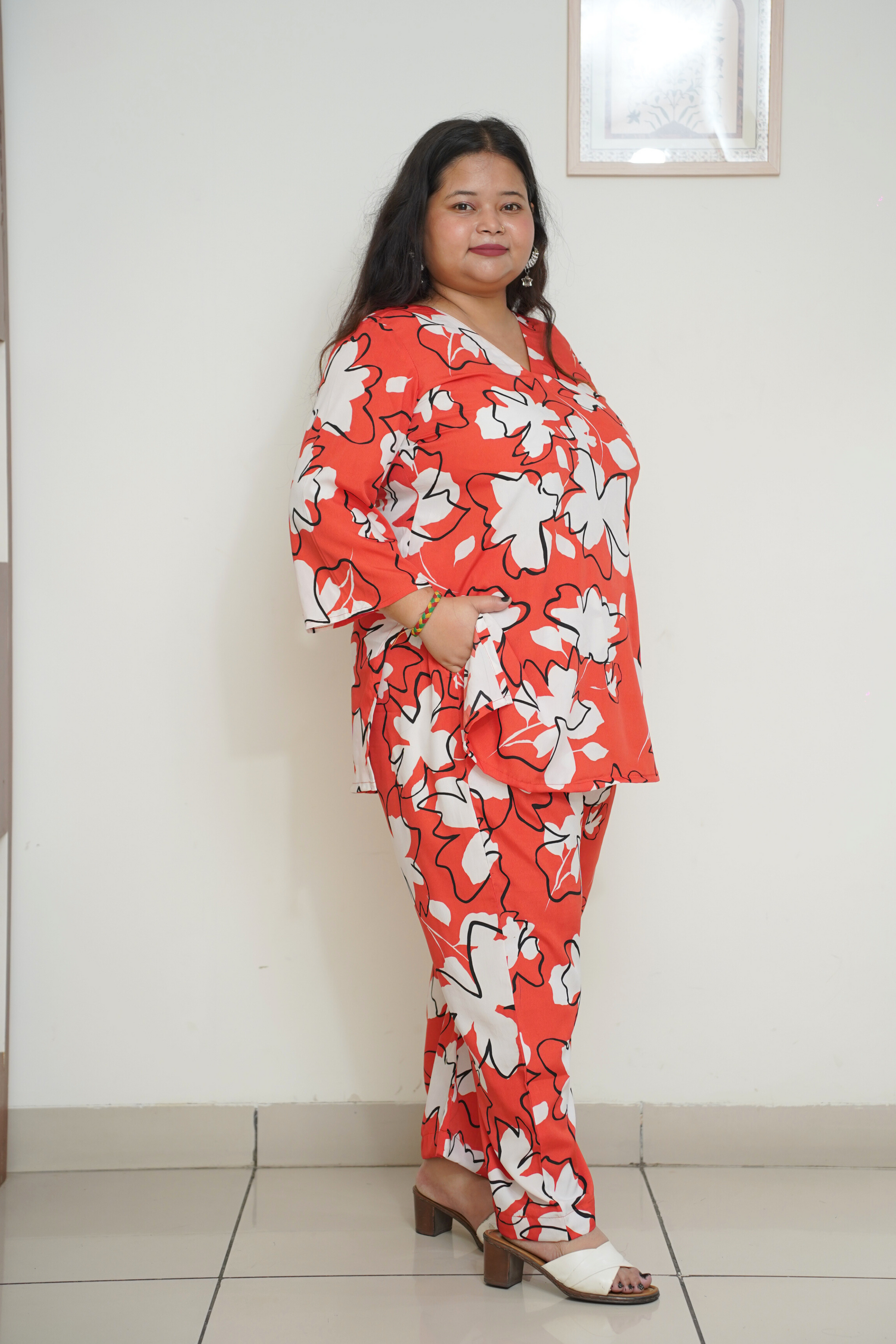 Women Plus Size Vibrant Red Floral Co-ord Set with Pockets
