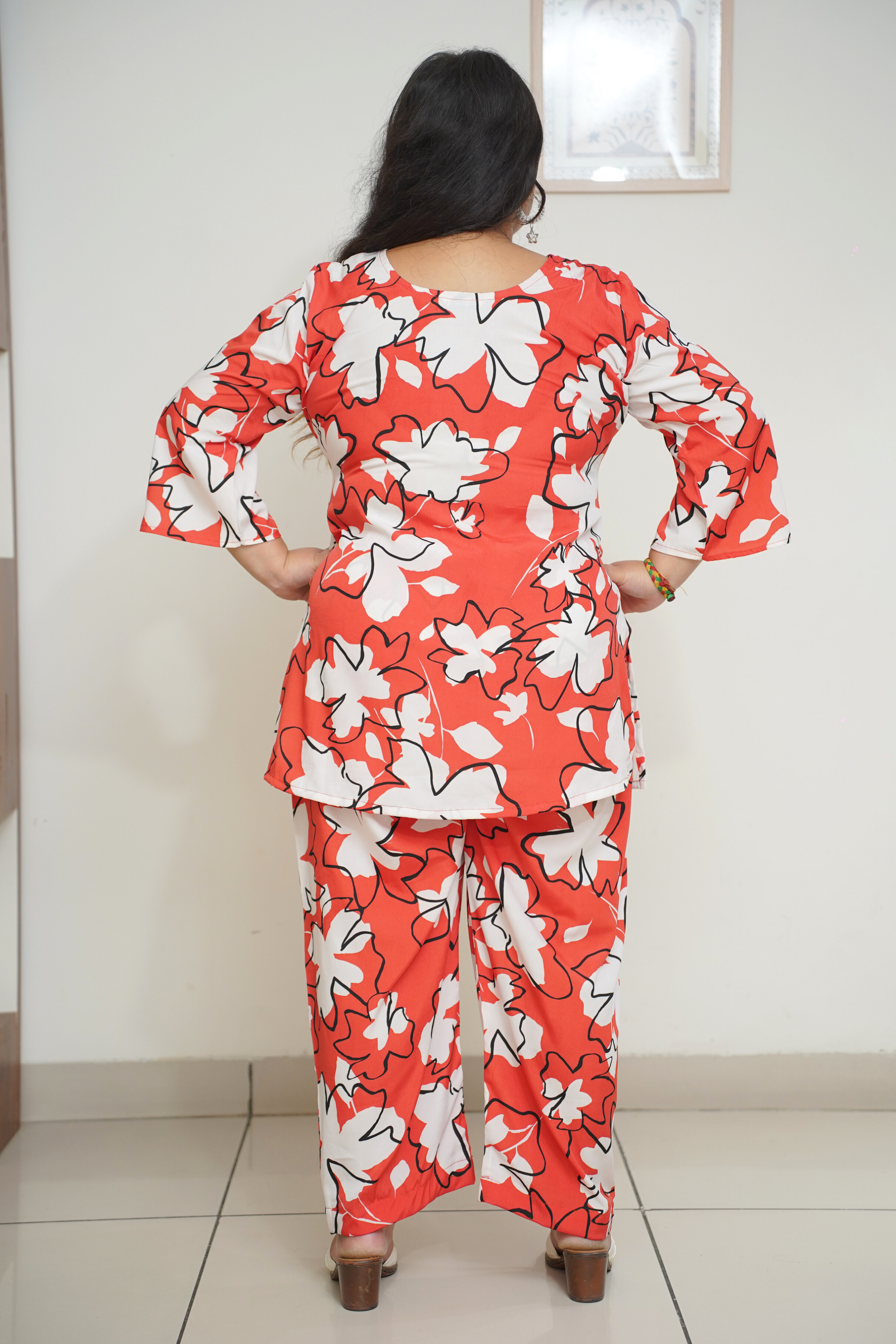 Women Plus Size Vibrant Red Floral Co-ord Set with Pockets