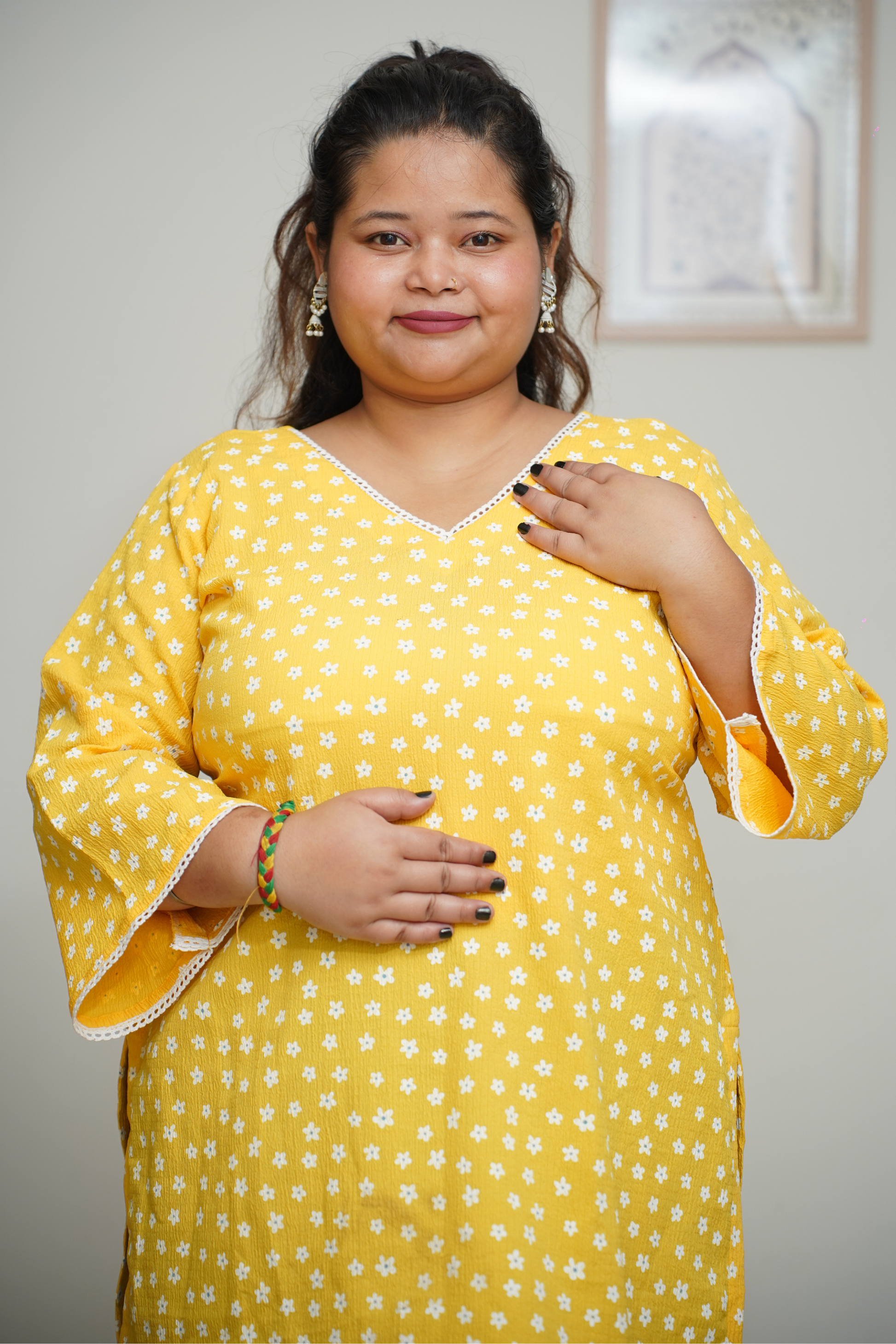 Women Plus Size Yellow Floral V-neck Everyday Top