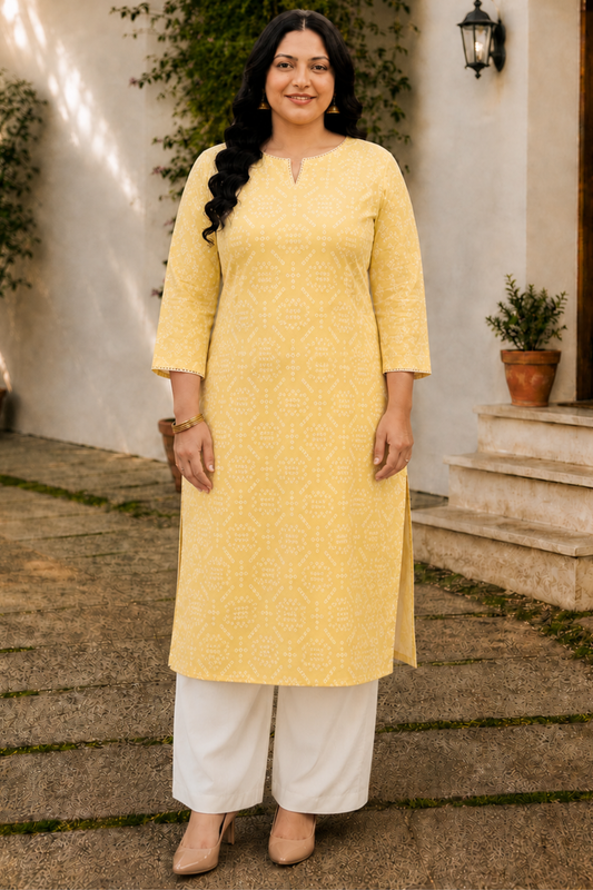 Yellow Cotton Jaipuri Print Kurta