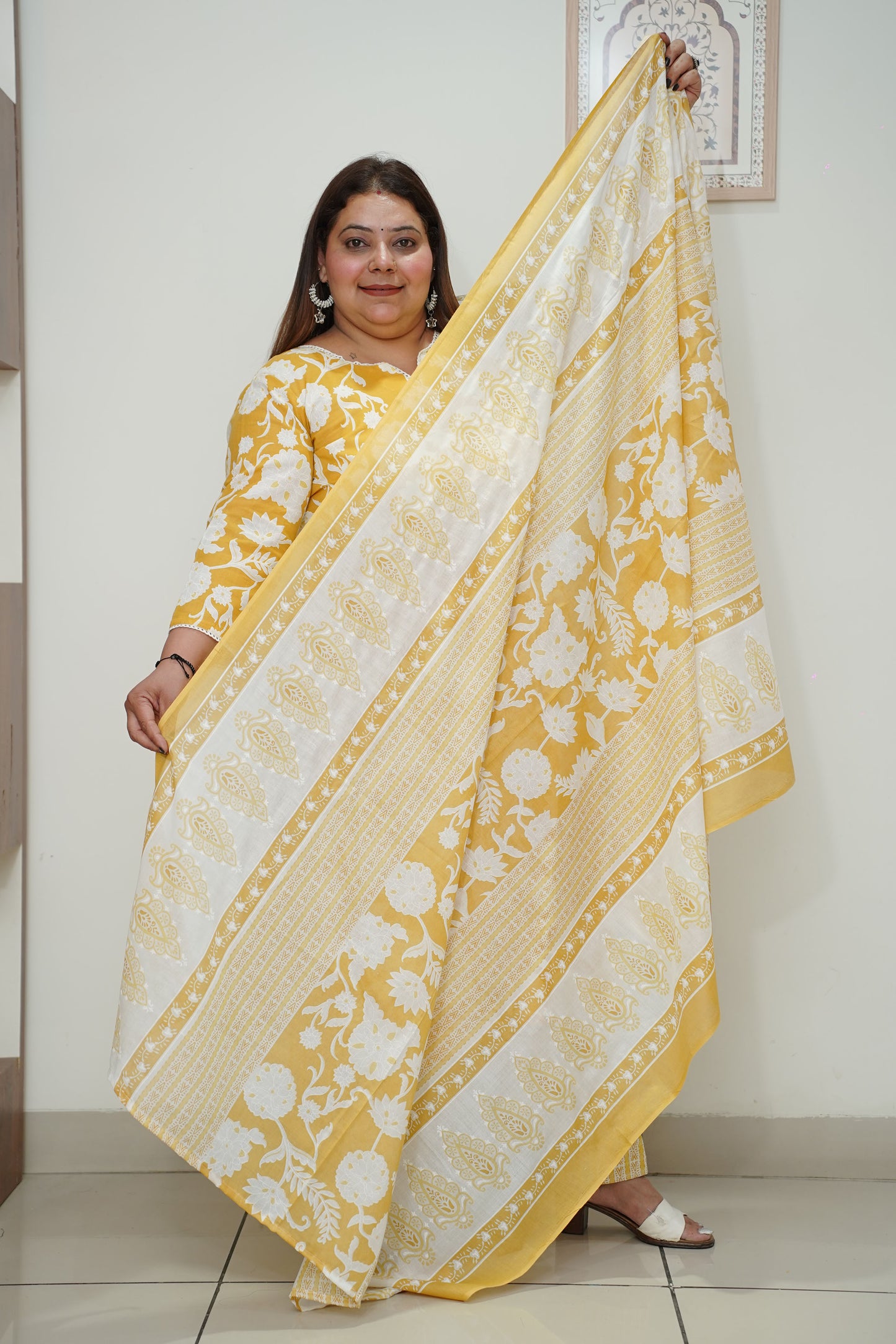 Women Plus Size Yellow Floral Cotton Straight Cut Salwar Suit