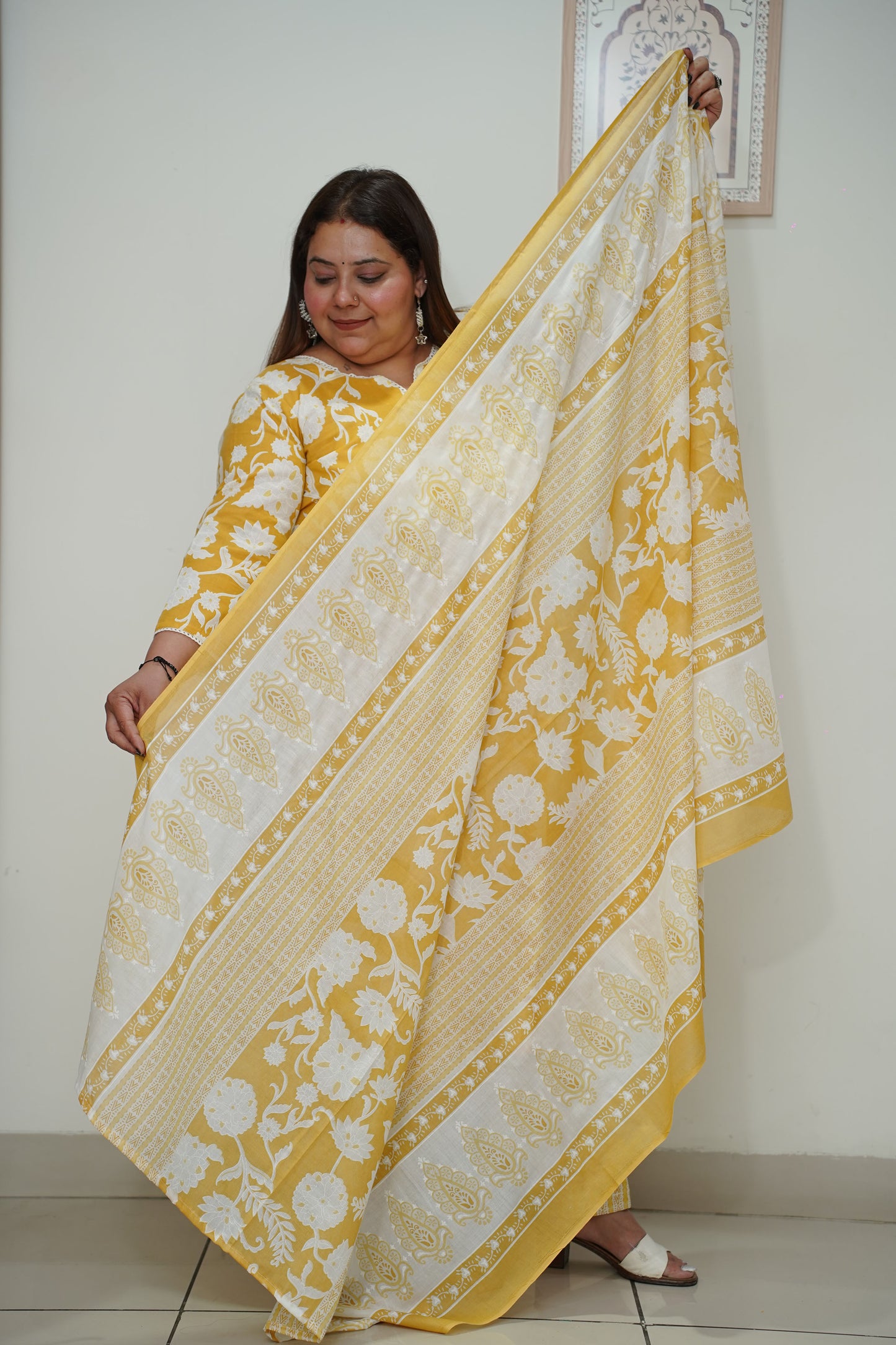 Women Plus Size Yellow Floral Cotton Straight Cut Salwar Suit