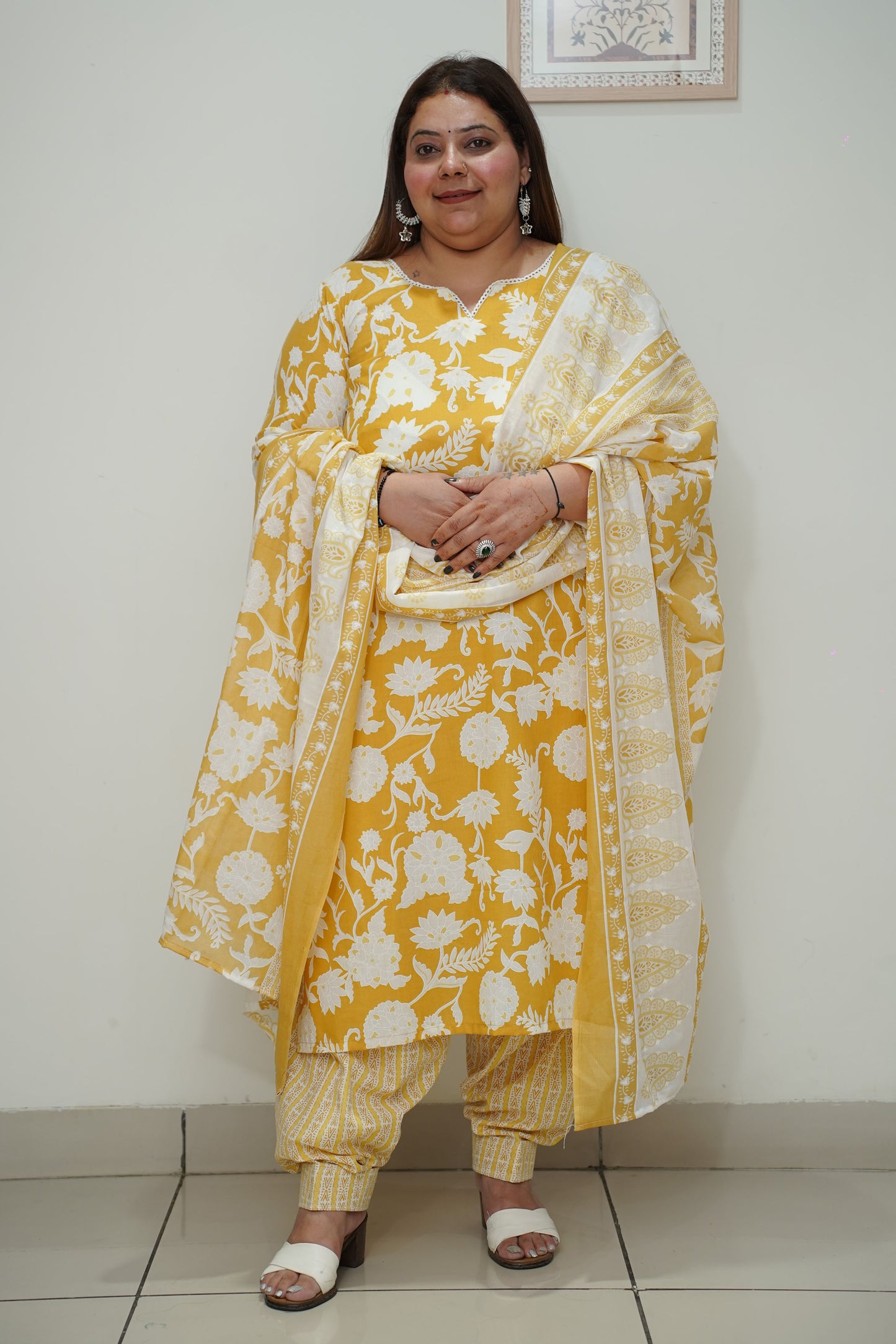 Women Plus Size Yellow Floral Cotton Straight Cut Salwar Suit