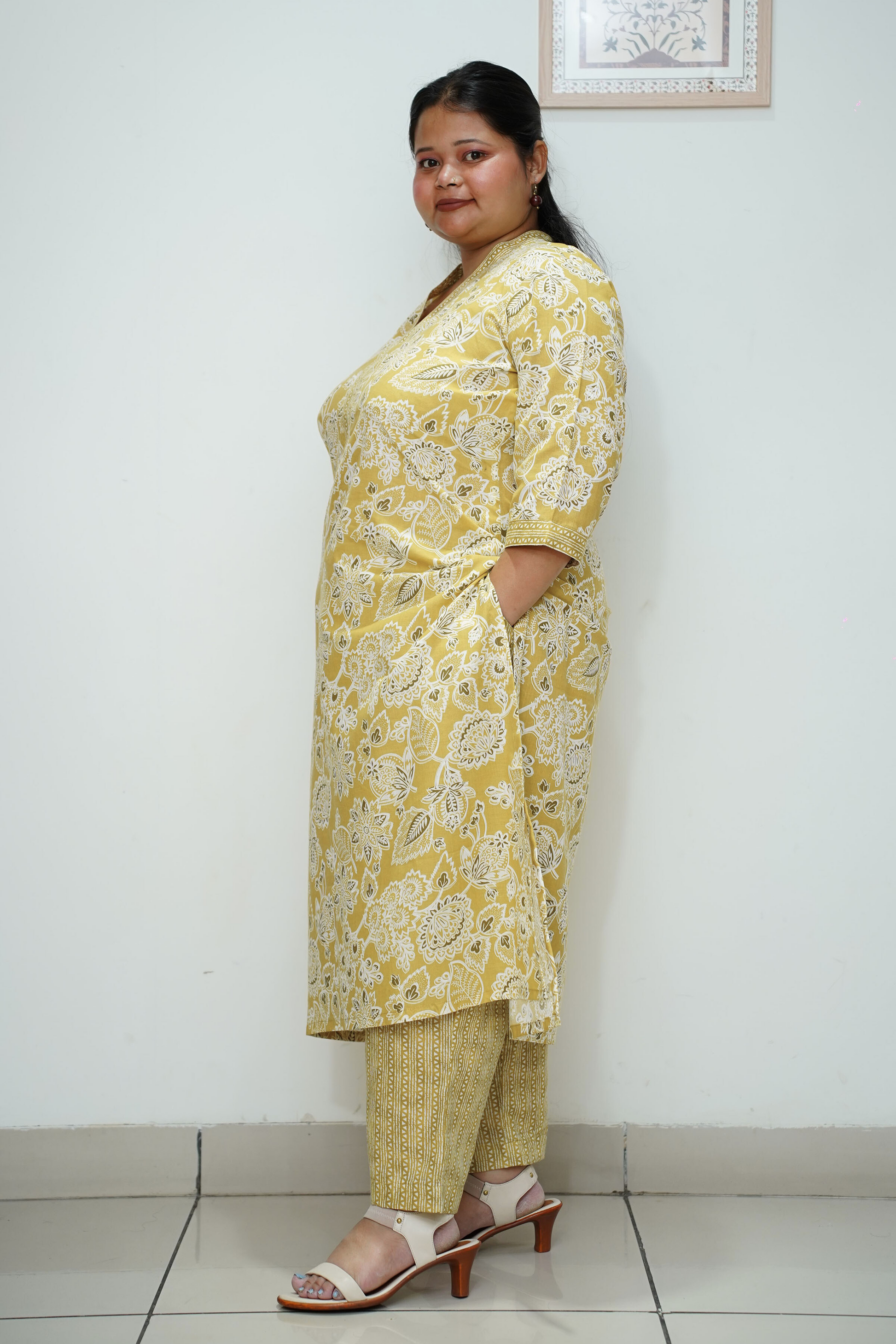 Women Plus Size Yellow Mandarin Cotton Straight Cut Suit