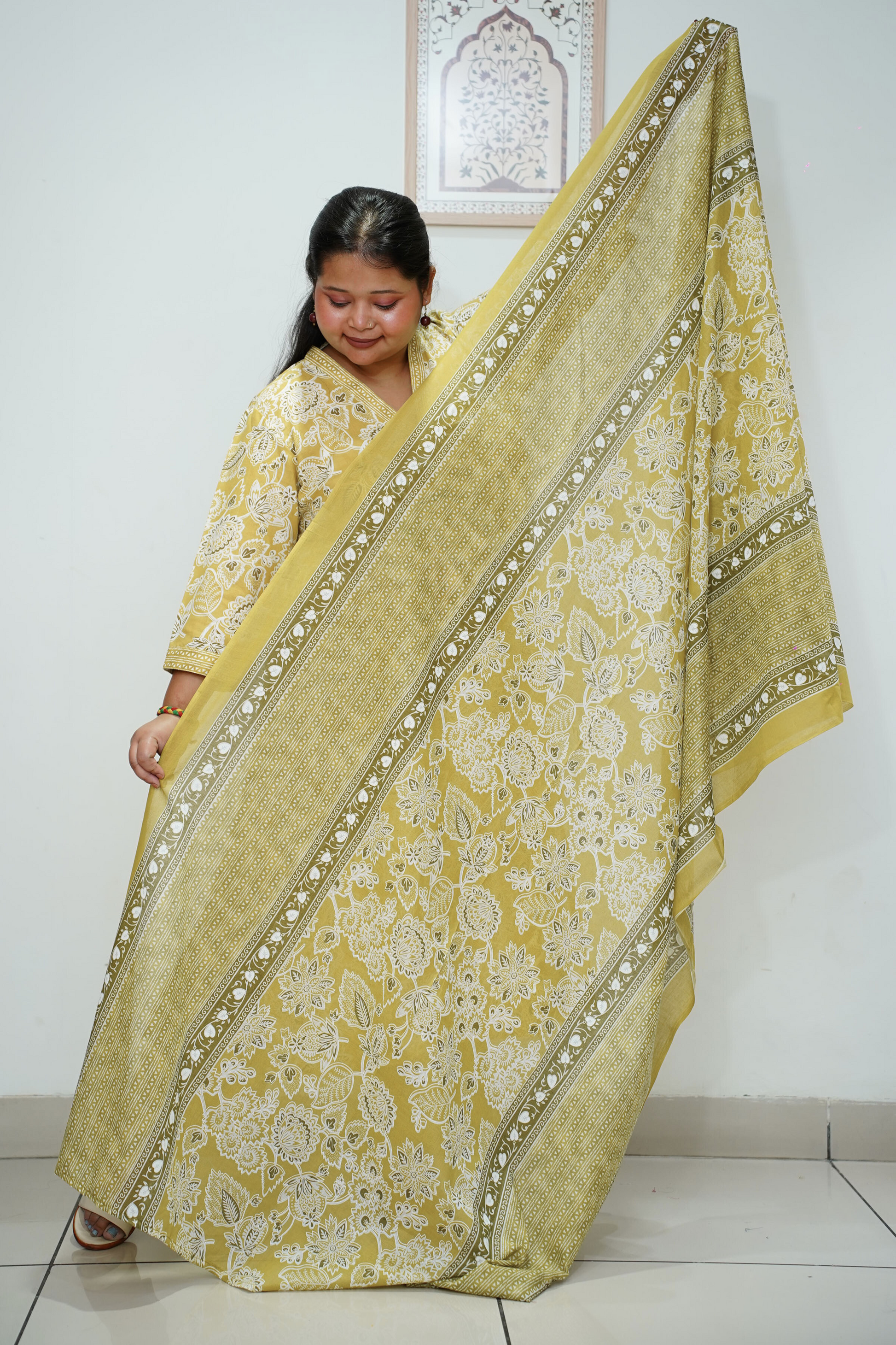 Women Plus Size Yellow Mandarin Cotton Straight Cut Suit