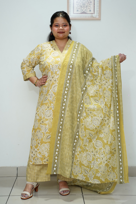 Women Plus Size Yellow Mandarin Cotton Straight Cut Suit