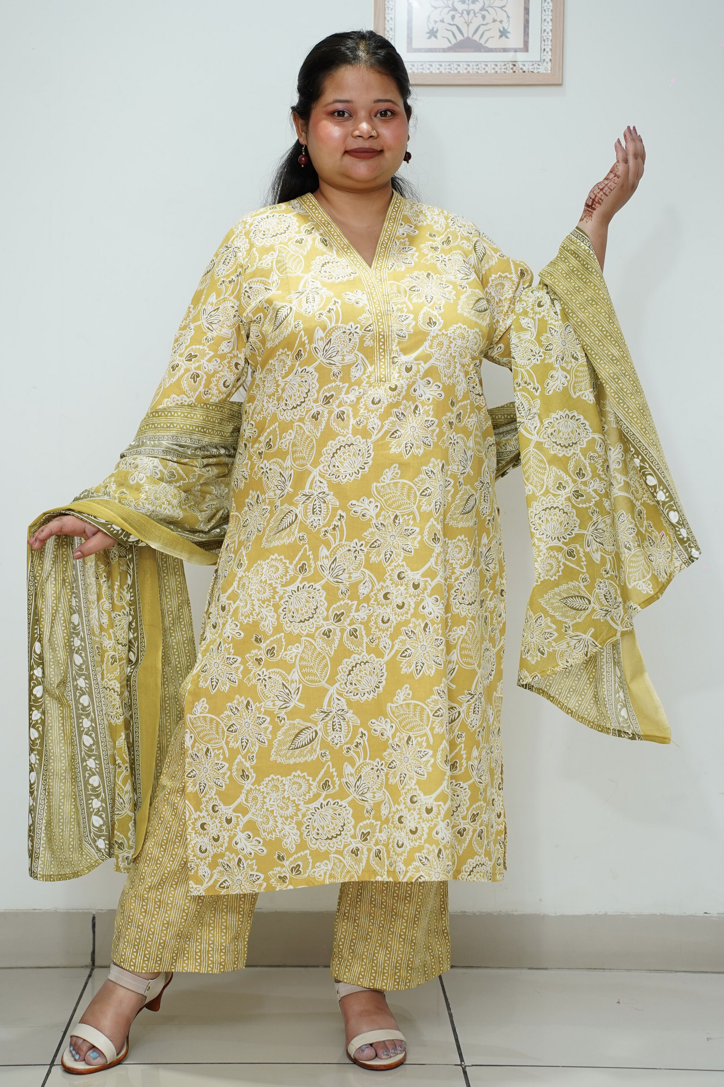 Women Plus Size Yellow Mandarin Cotton Straight Cut Suit