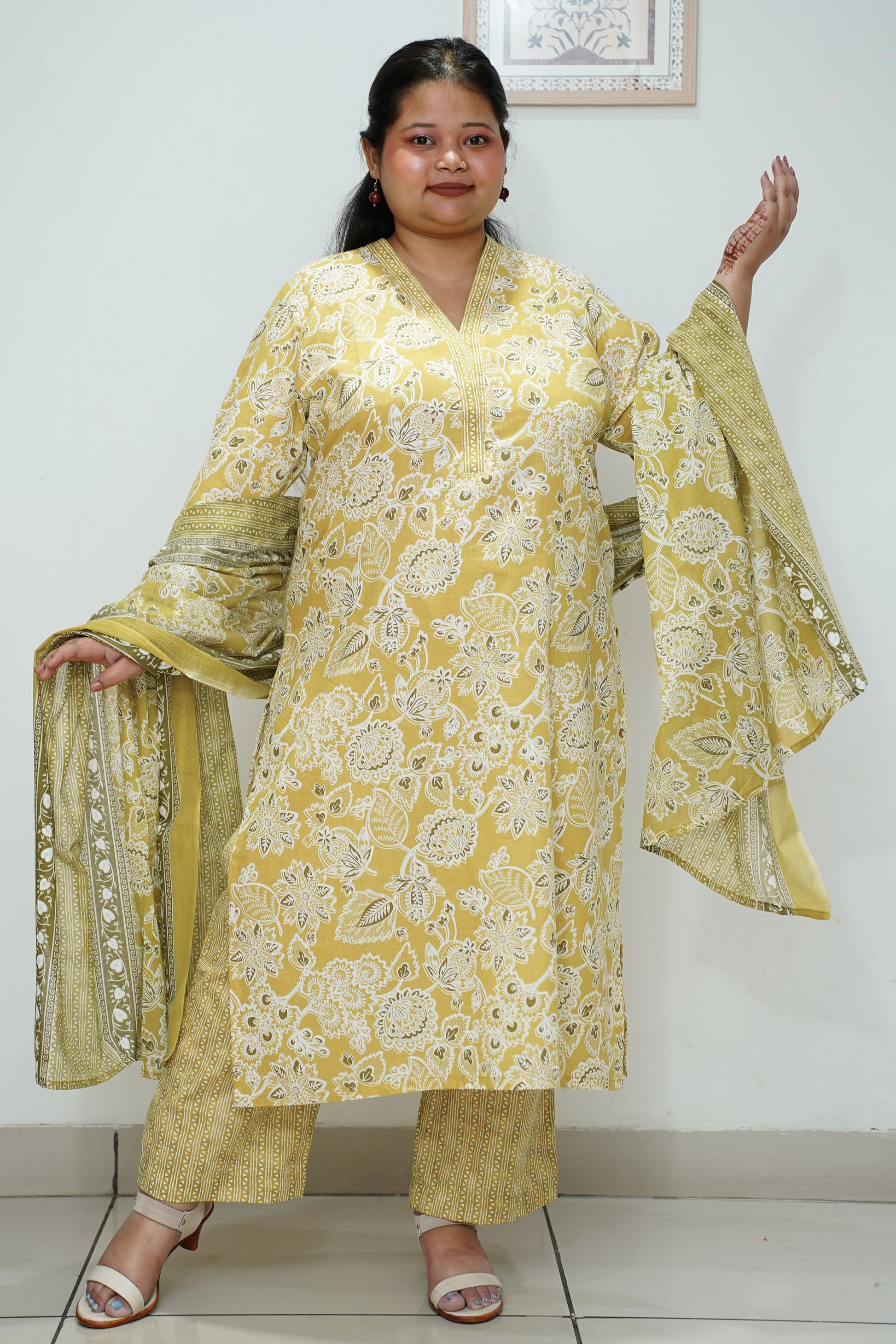 Women Plus Size Yellow Mandarin Cotton Straight Cut Suit