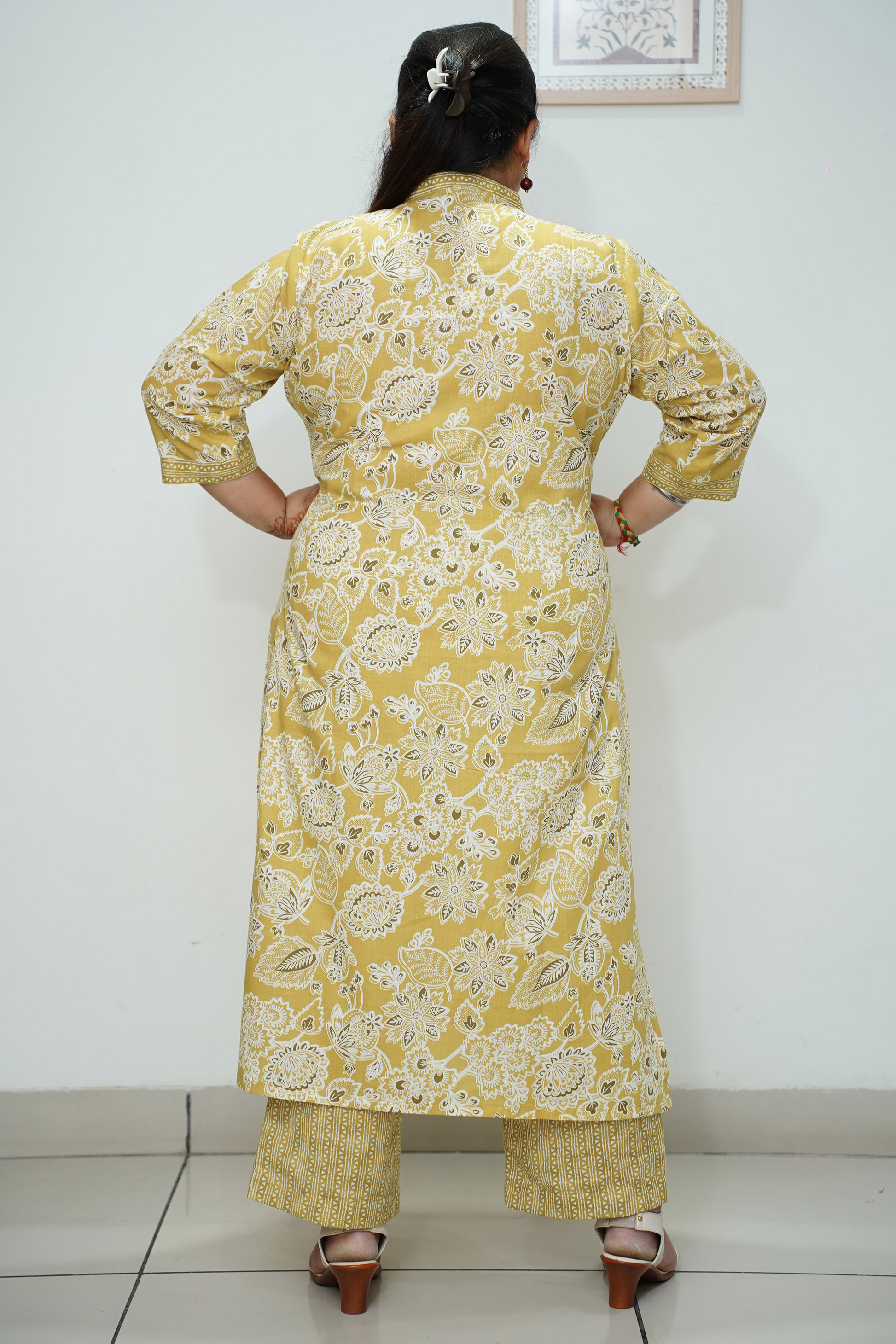Women Plus Size Yellow Mandarin Cotton Straight Cut Suit