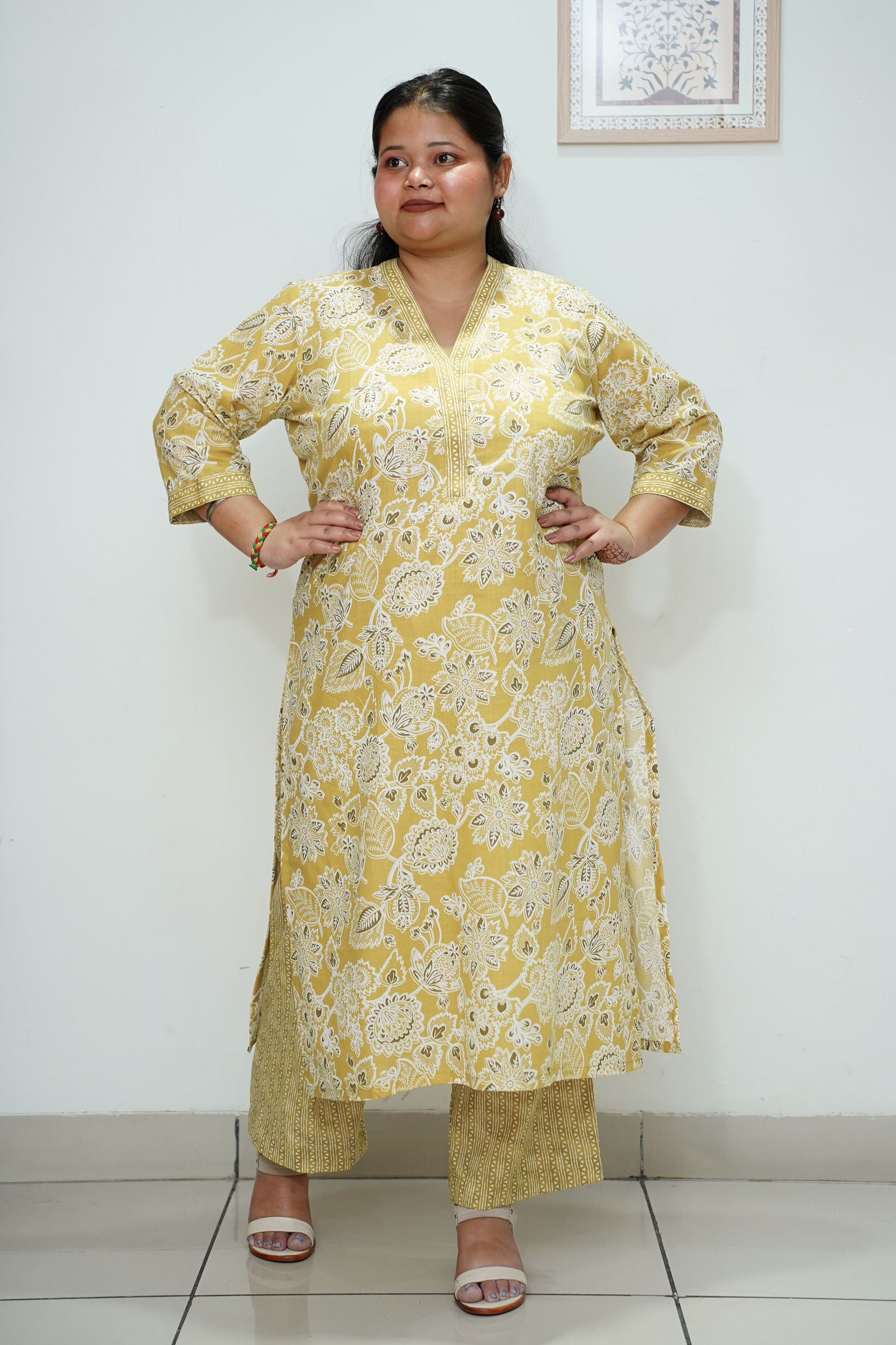 Women Plus Size Yellow Mandarin Cotton Straight Cut Suit