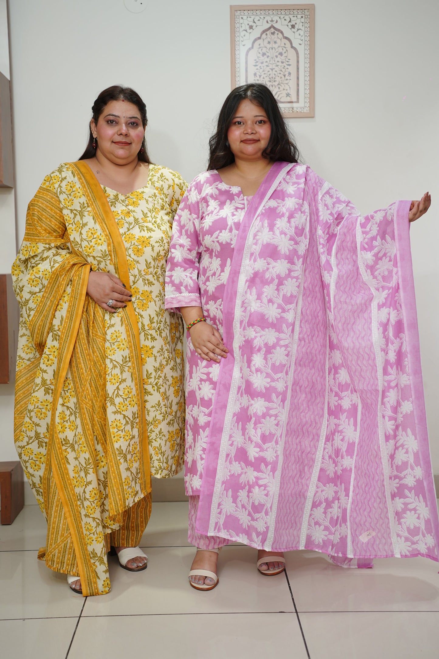 Women Plus Size Yellow Printed Straight Cut Cotton Suit