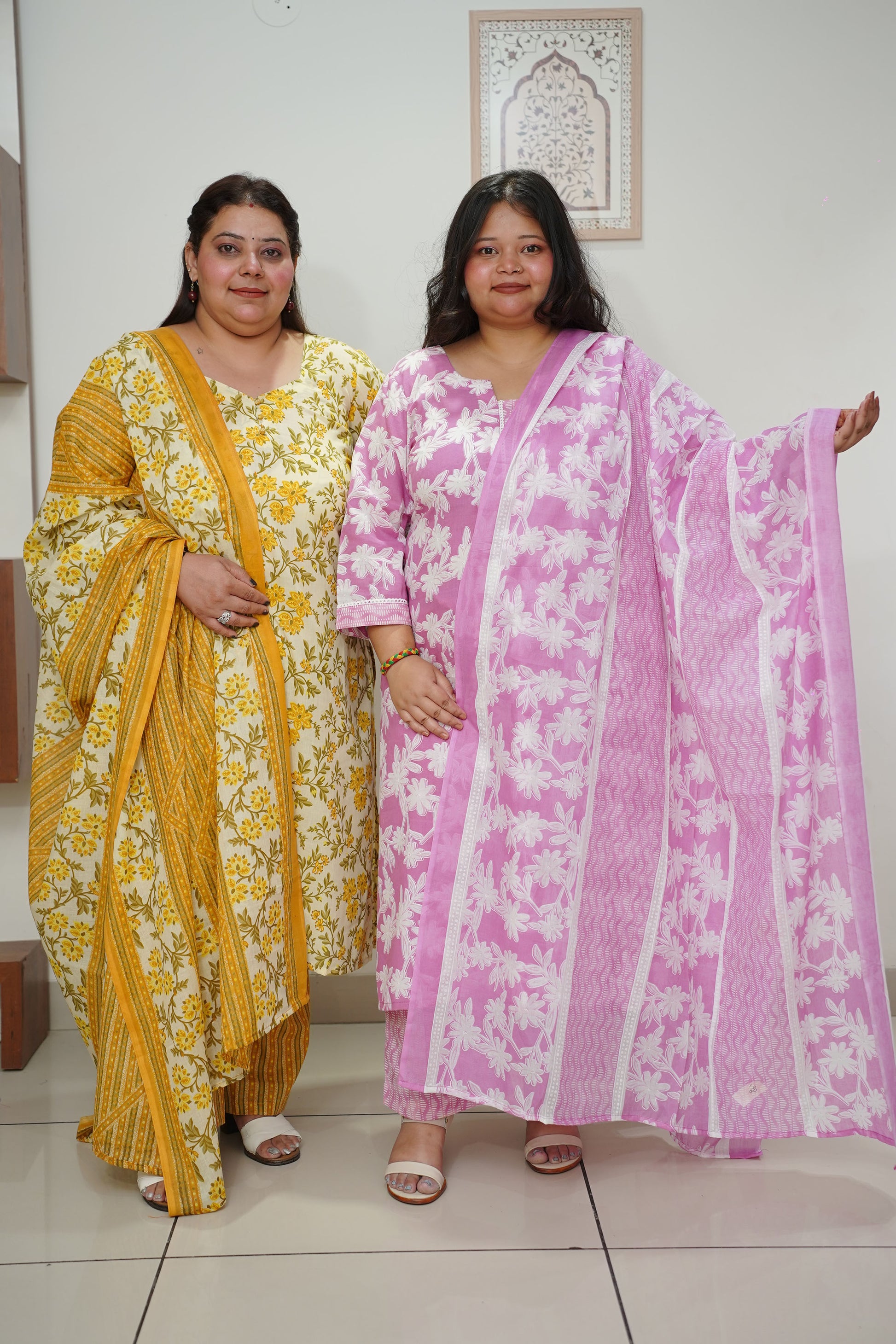 Women Plus Size Yellow Printed Straight Cut Cotton Suit
