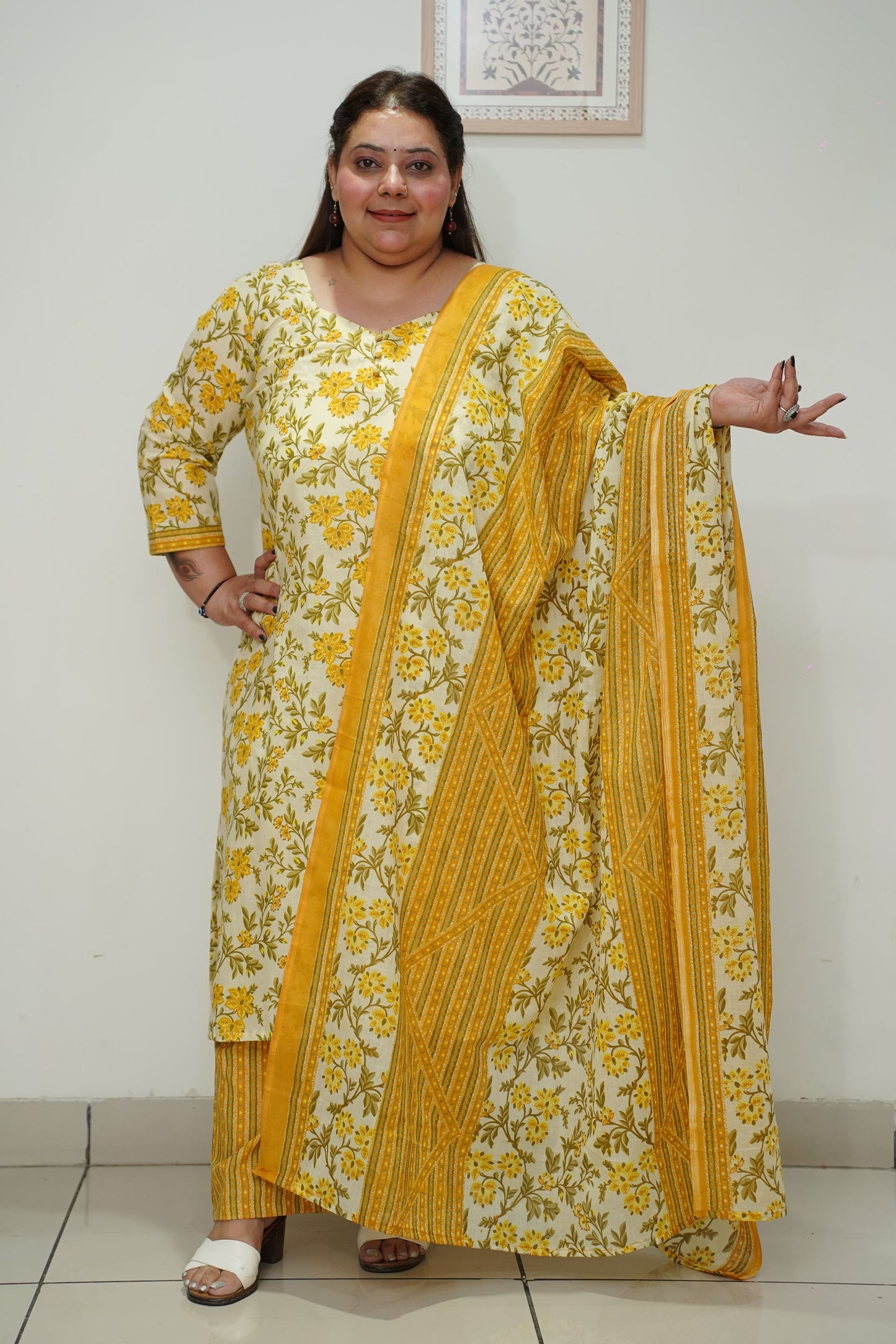 Women Plus Size Yellow Printed Straight Cut Cotton Suit