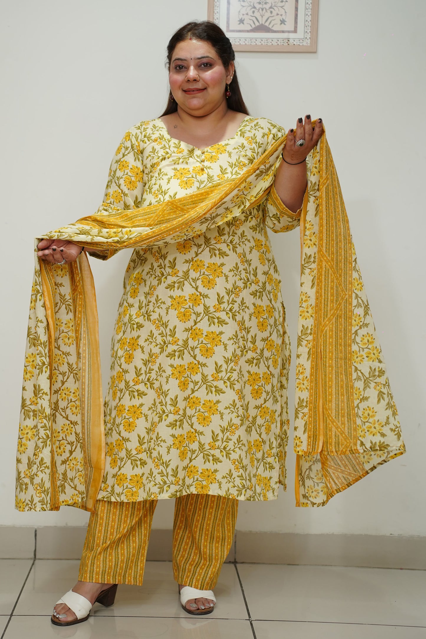 Women Plus Size Yellow Printed Straight Cut Cotton Suit