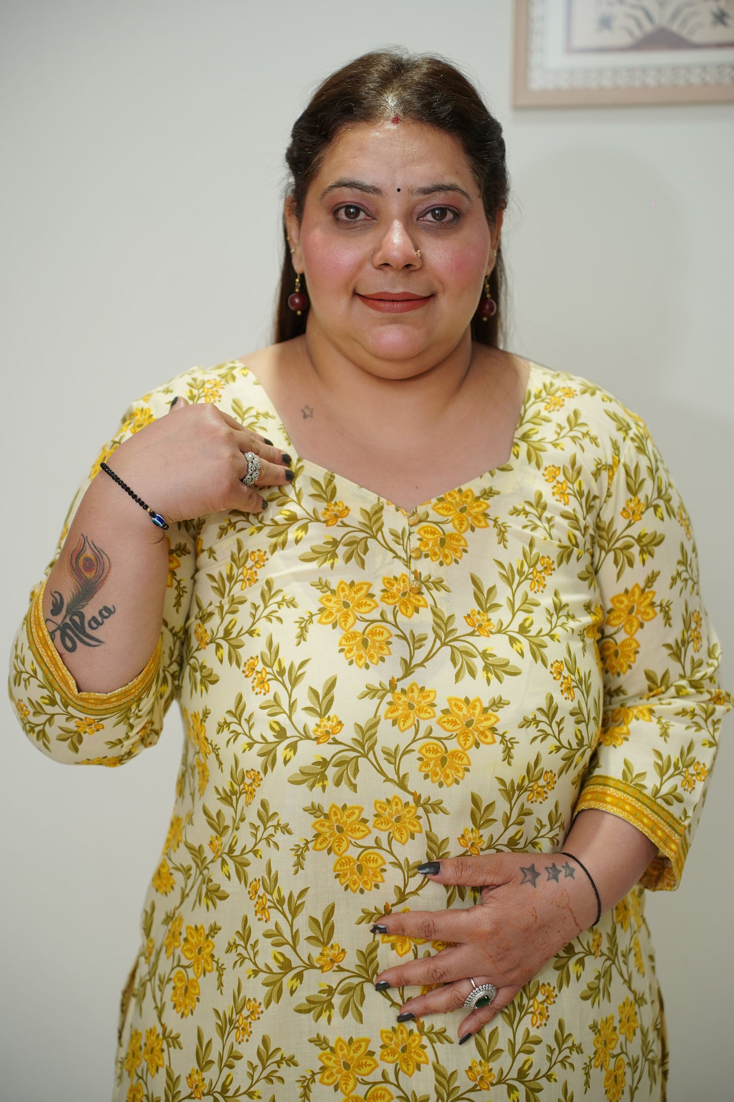 Women Plus Size Yellow Printed Straight Cut Cotton Suit