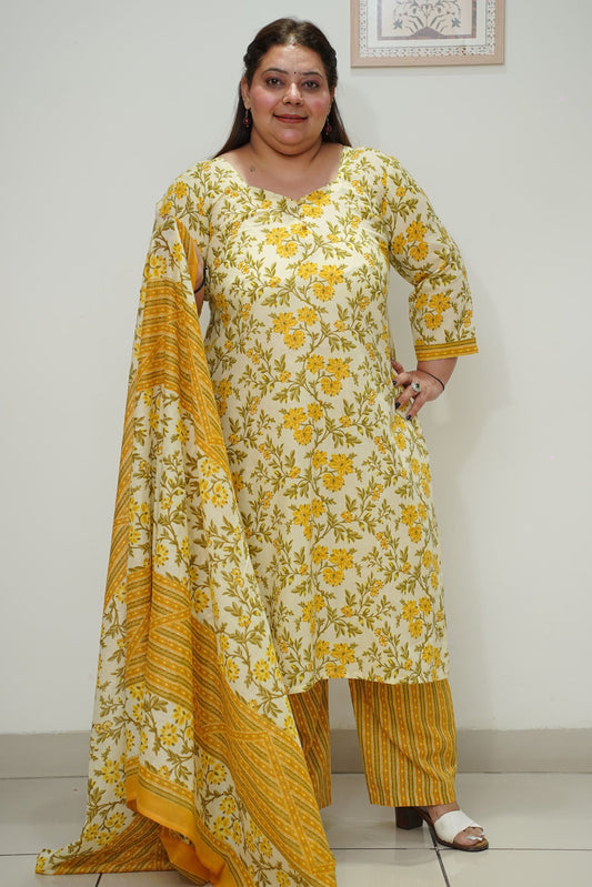 Women Plus Size Yellow Printed Straight Cut Cotton Suit