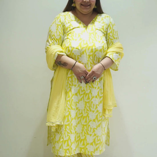 Women Plus Size Soft Yellow Cotton Straight Cut Suit Set