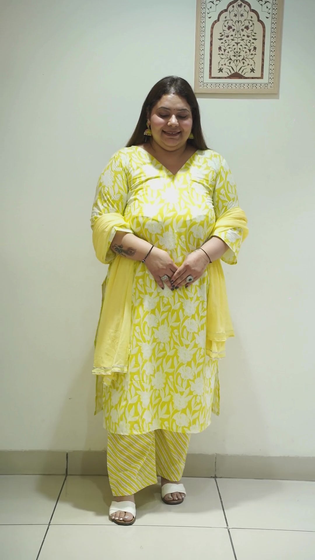 Women Plus Size Soft Yellow Cotton Straight Cut Suit Set