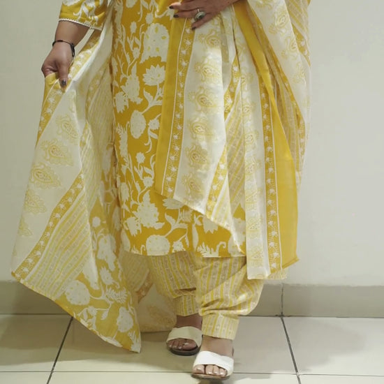 Women Plus Size Yellow Floral Cotton Straight Cut Salwar Suit