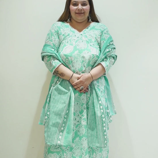 Women Plus Size Sea Green Cotton Afghani Suit Set