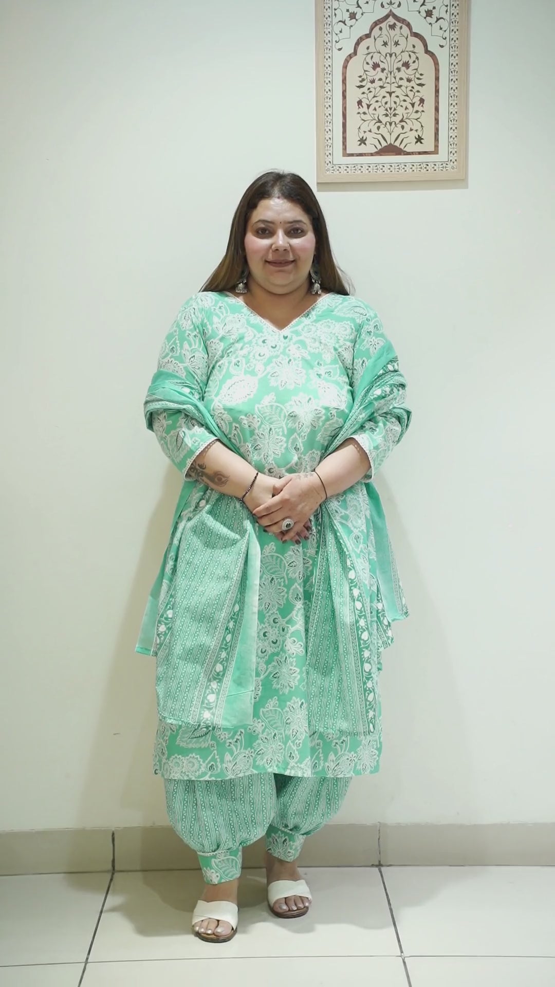 Women Plus Size Sea Green Cotton Afghani Suit Set