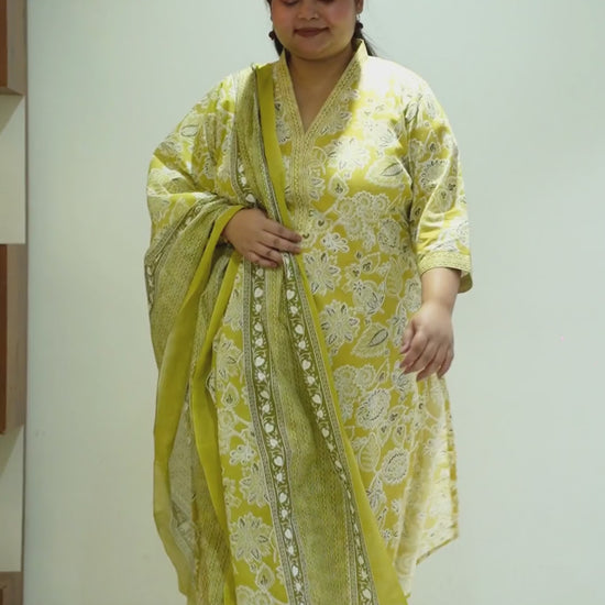 Women Plus Size Yellow Mandarin Cotton Straight Cut Suit