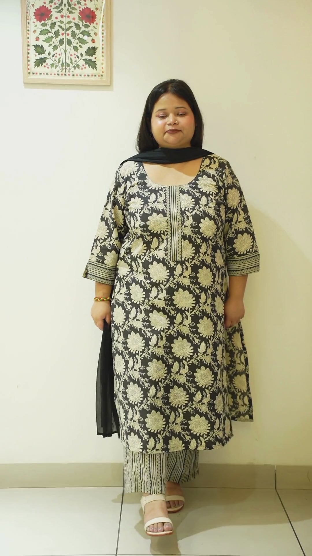 Women Plus Size Black Floral Cotton Straight Cut Suit Set