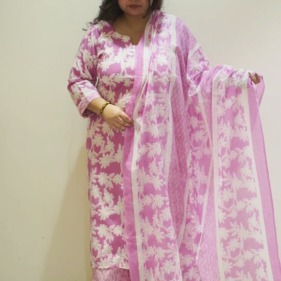 Women Plus Size Lilac Floral Straight Cut Cotton Suit Set