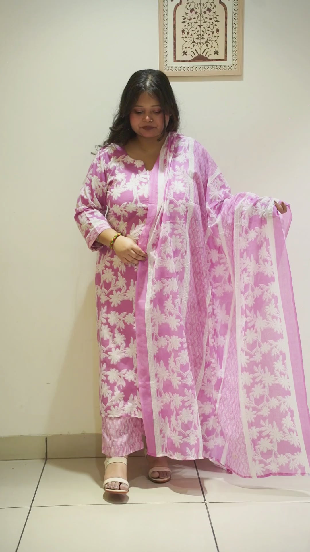 Women Plus Size Lilac Floral Straight Cut Cotton Suit Set