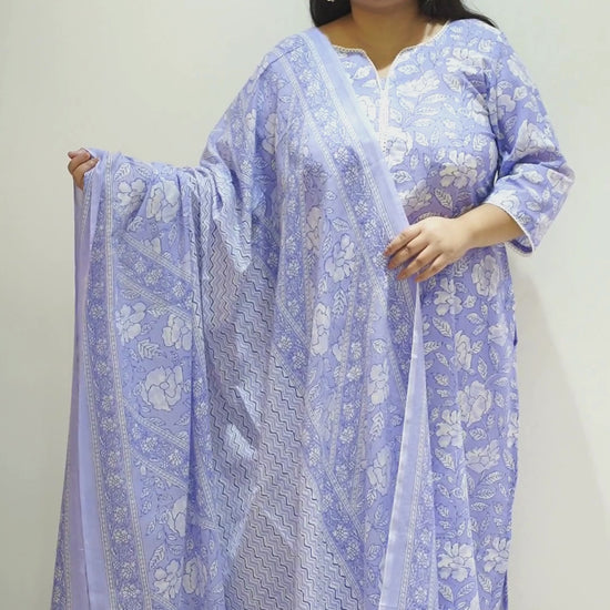 Women Plus Size Cobalt Floral Cotton Straight Cut Suit Set