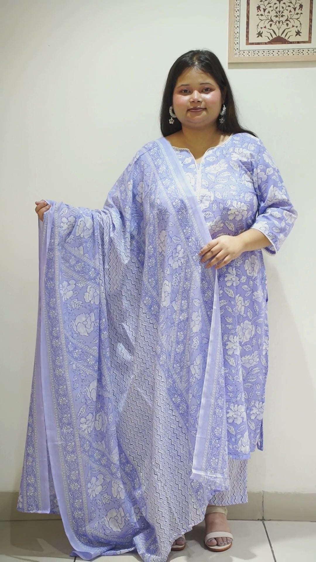 Women Plus Size Cobalt Floral Cotton Straight Cut Suit Set
